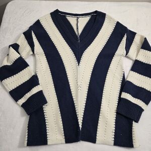 Blue & White V-neck Knit Chevron Striped Sweater S